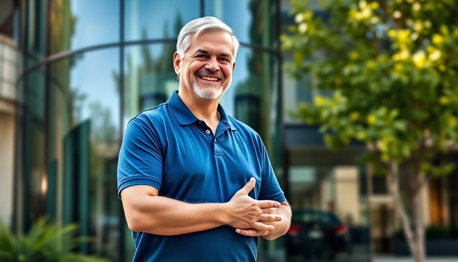 Middle-aged man standing outside a sleek glass building, smiling.