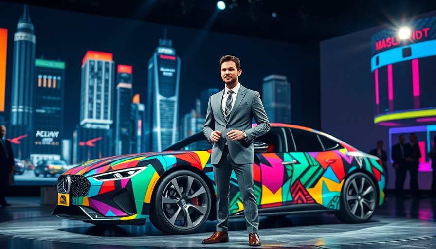 Person presenting alongside patterned car with a futuristic digital backdrop