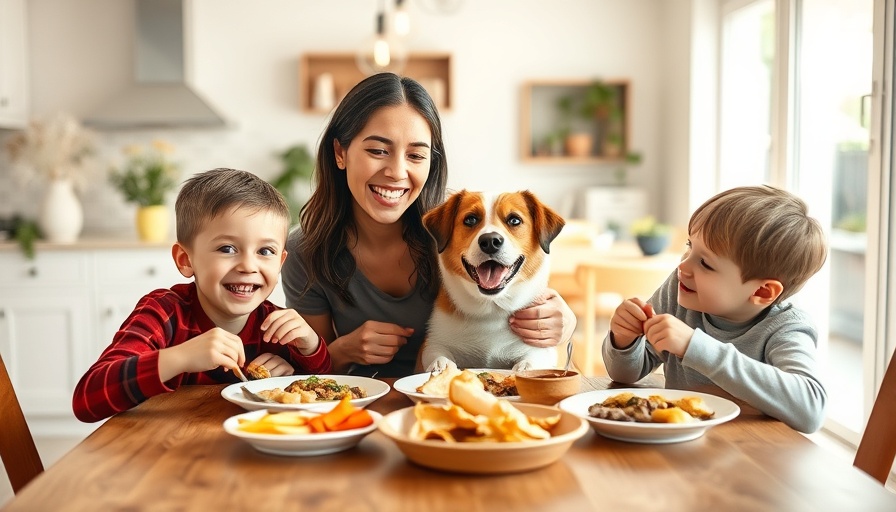 Motherhood and the myth of balance: Mother with children and dog at dining table in bright modern home.