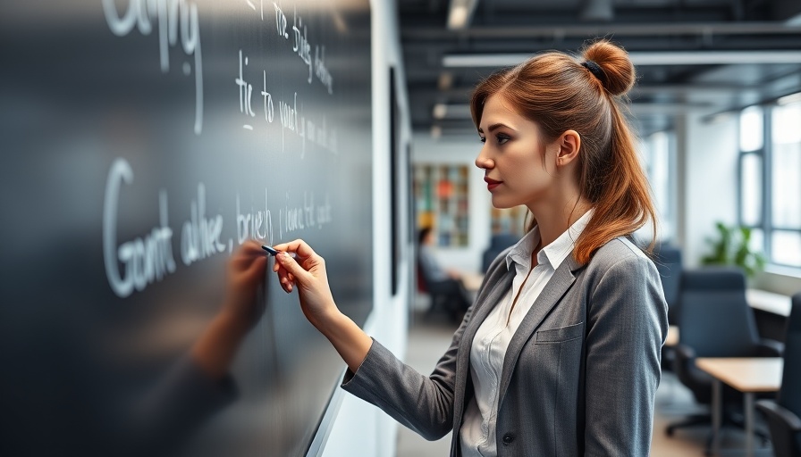 Woman in office writing on blackboard - new hire orientation best practices.
