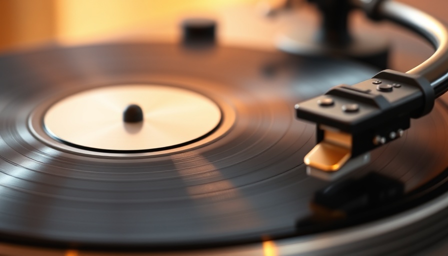 Vinyl record spinning on turntable with stylus, related to Spotify Free on Demand Play.