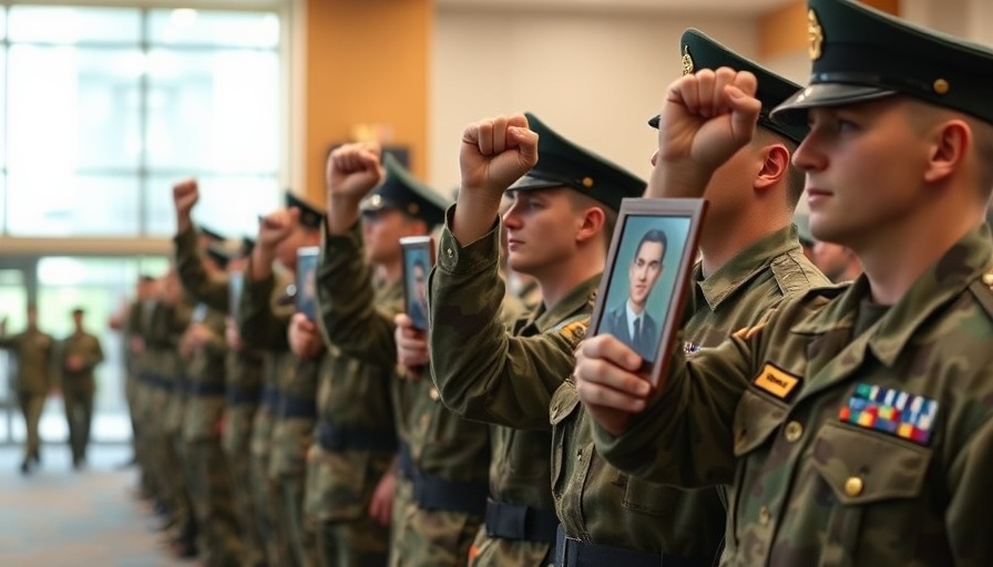 Soldiers in assembly raising fists, solemn expression