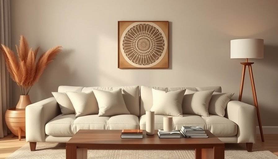 Serene minimalist Feng Shui living room with earthy tones.