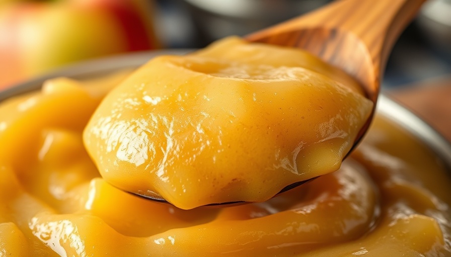 Close-up of homemade applesauce with wooden spoon.