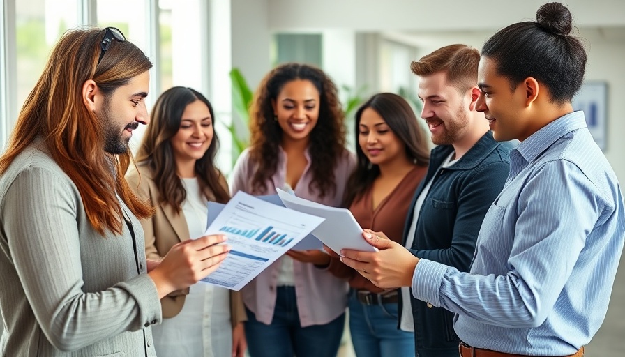 Team collaborating with charts and sticky notes in a bright office.