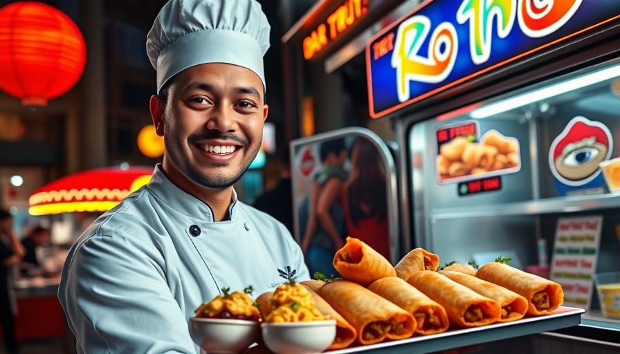 Chef with gourmet egg rolls at a vibrant food truck, food truck dining experiences.