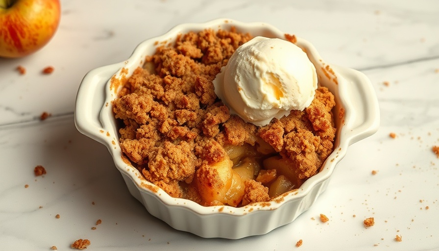 Apple crumble recipe with ice cream in a rustic dish.