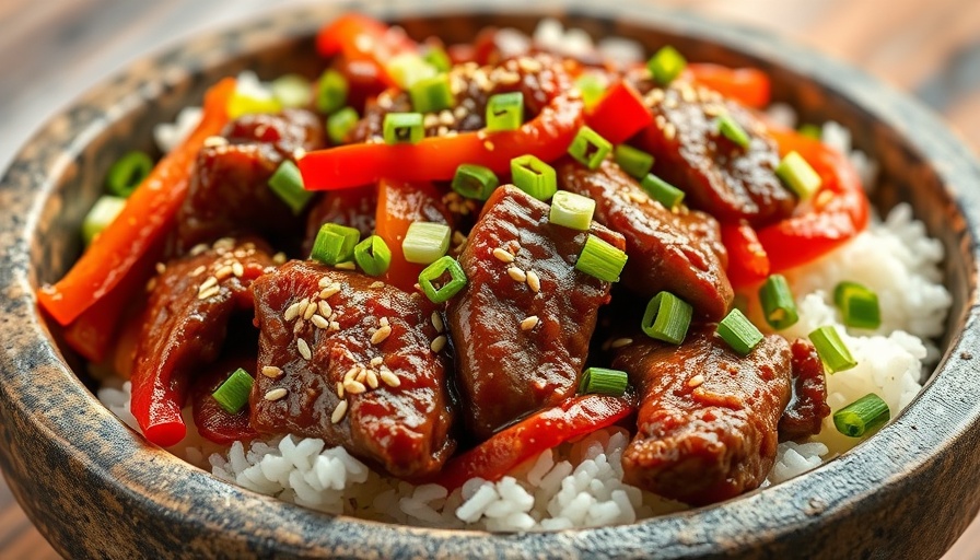 Take-Out Style Pepper Steak Recipe with vibrant peppers and rice.
