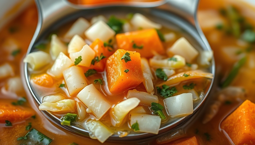 Cozy cabbage soup with vibrant vegetables in a ladle.