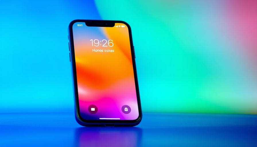 iPhone displaying iOS 26 apps on vibrant abstract background.