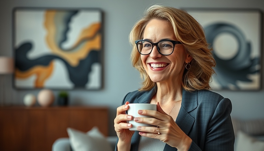 Stylish woman in her 40s smiles while holding coffee in a modern room.