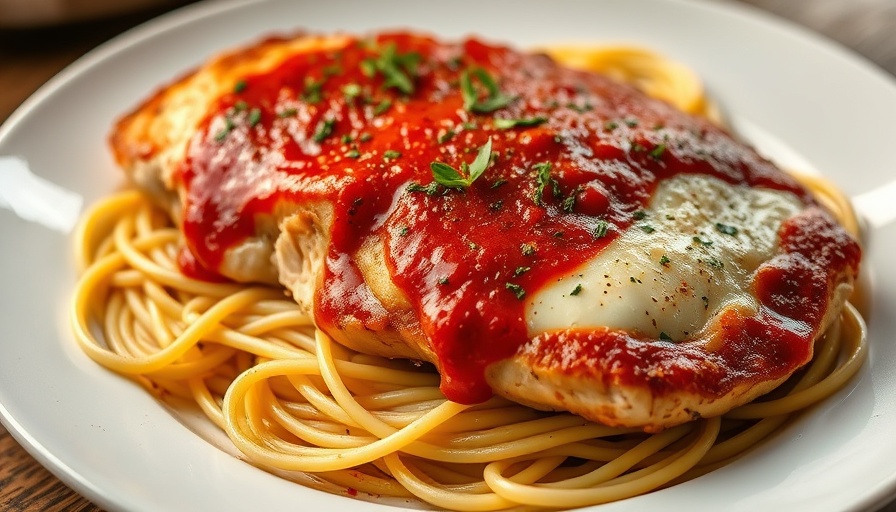 Savory chicken parmesan with spaghetti, garnished with herbs.