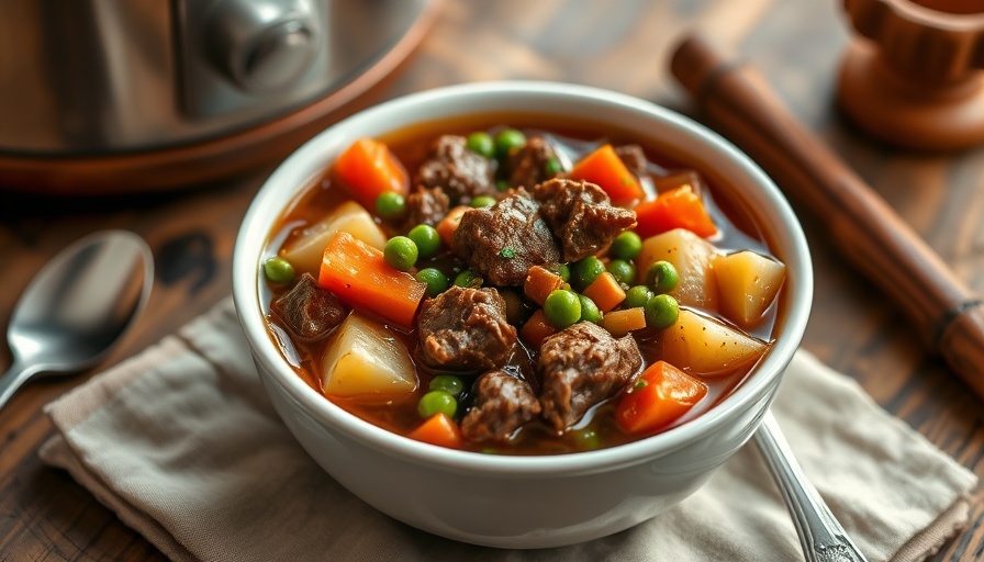 Delicious Crockpot beef stew with vegetables in a white bowl.