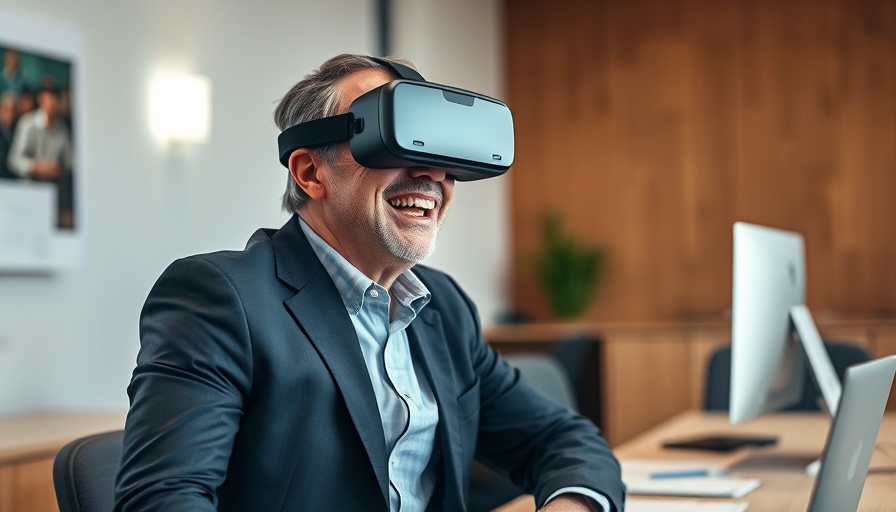 Middle-aged man in VR headset laughing in an office, raunchy Netflix original series.
