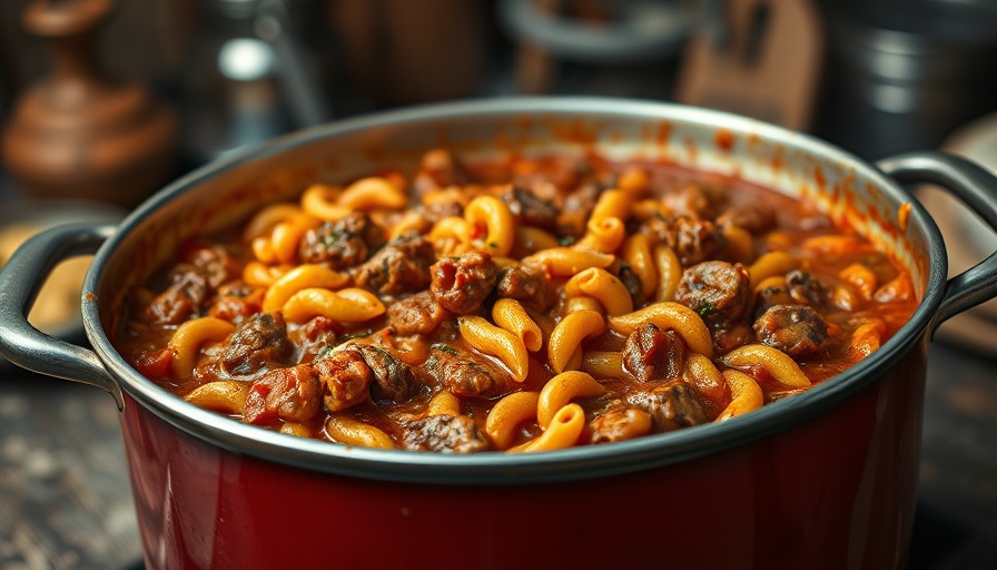 Homemade goulash with pasta and meat in a pot, Grandma's Goulash Recipe.