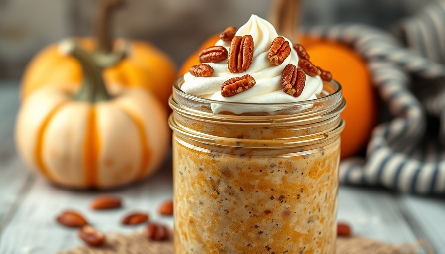 Overnight pumpkin oats topped with whipped cream and pecans in a jar.