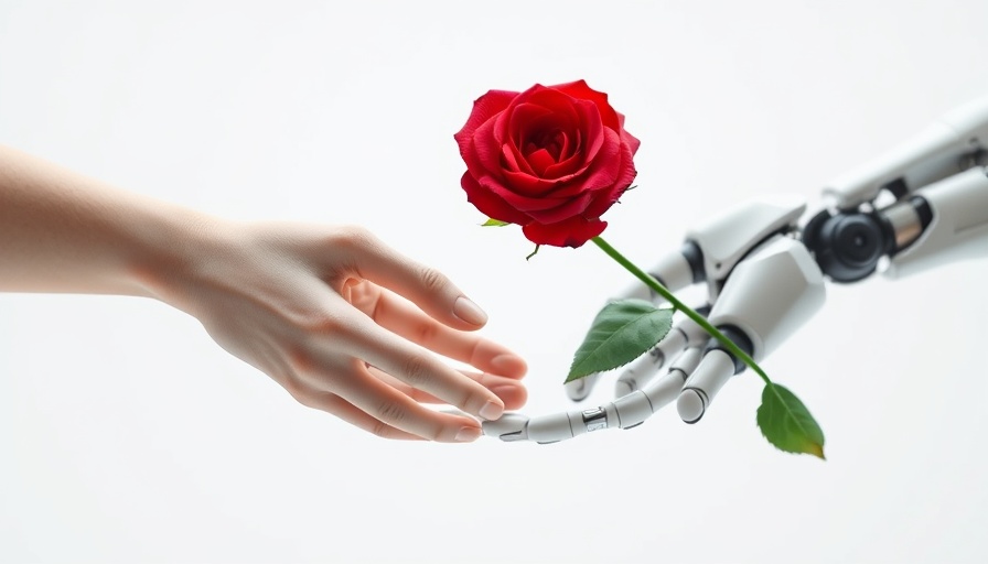 Human and robot hand with a red rose, symbolizing AI dating assistant revolution.