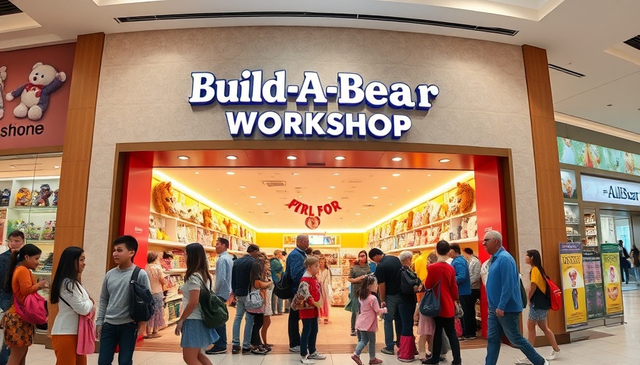 Busy Build-A-Bear Workshop store entrance with families and children.