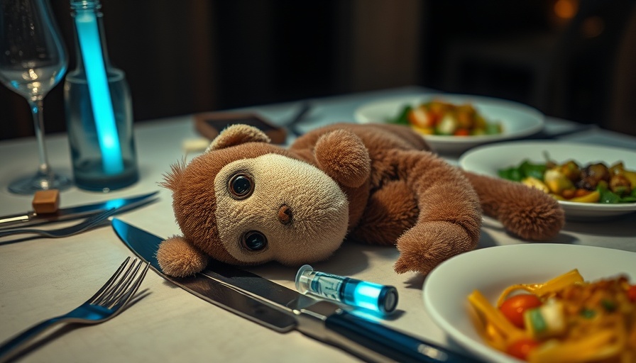 Psychological sci-fi thriller table scene with plush monkey and objects.