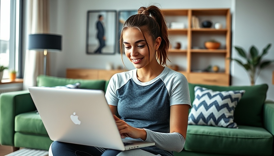 Young woman learning at home on laptop in modern living room.