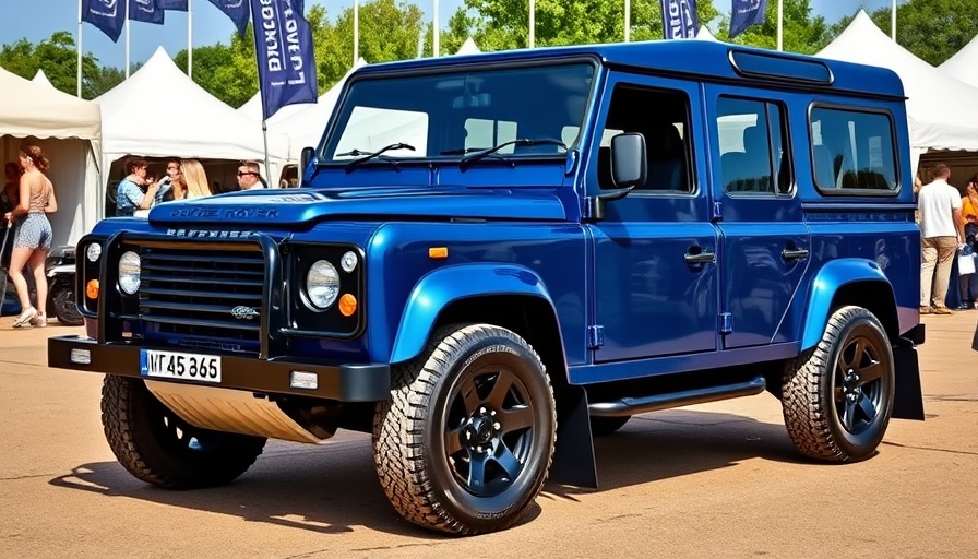 Jaguar Land Rover Defender at outdoor event, illuminated by natural daylight.