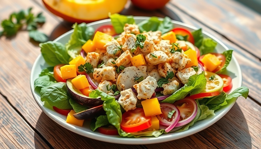 Fresh mango chicken salad with vibrant ingredients artfully arranged.