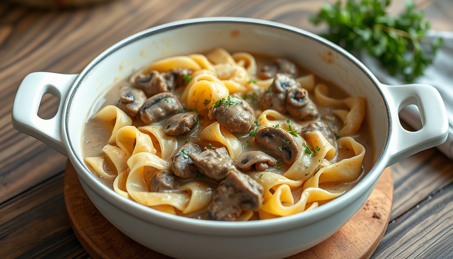 Rich beef stroganoff with noodles and mushrooms in a pot.