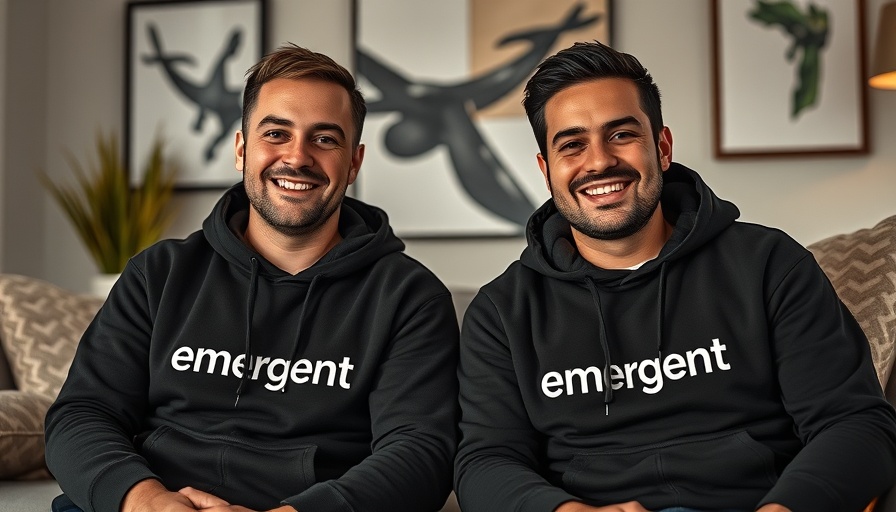 Two men in 'emergent' hoodies, seated on a couch, smiling, build your own apps.