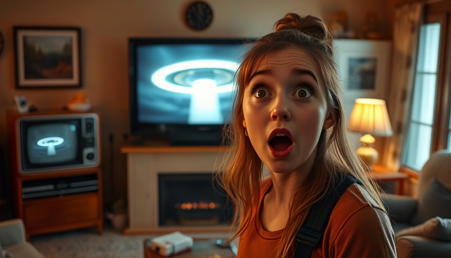 Astonished young woman engaged with a sci-fi show on TV, evoking wonder and intrigue.