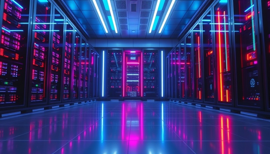 Futuristic server room with neon lights reflecting on polished floor, showing AI models faster and less expensive.