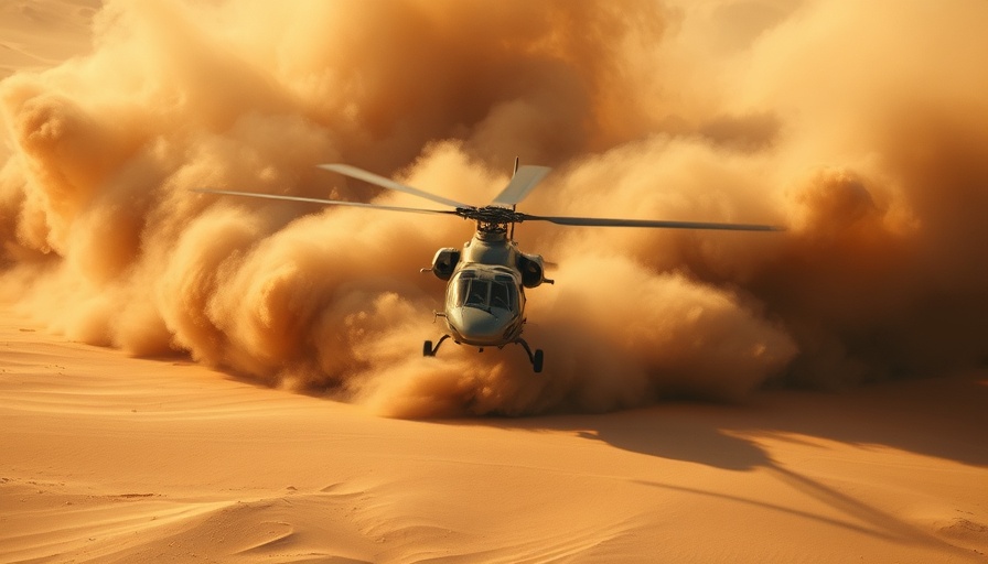 Intense sandstorm over desert, helicopter evasion, cinematic action.
