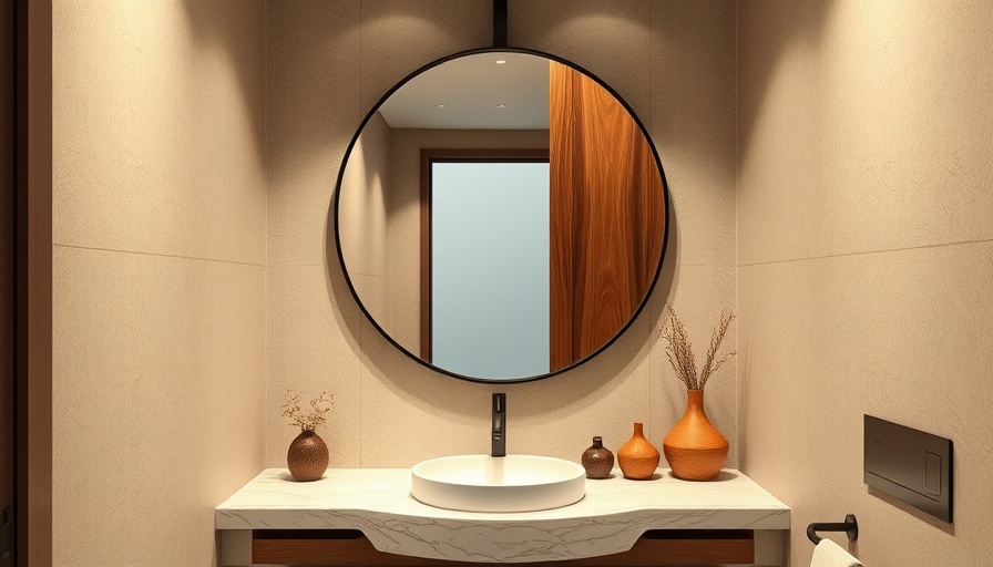 Luxurious powder bath design with marble sink and round mirror.