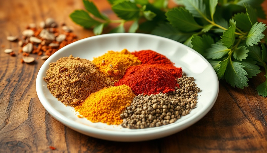 Vibrant spices for homemade taco seasoning recipe on a ceramic plate.