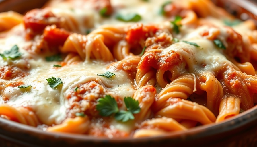 Close-up of easy baked ziti recipe with cheese and parsley.