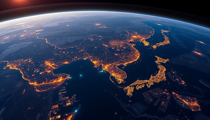 Vibrant satellite view of South Korea and Japan at night, highlighting AI developments.