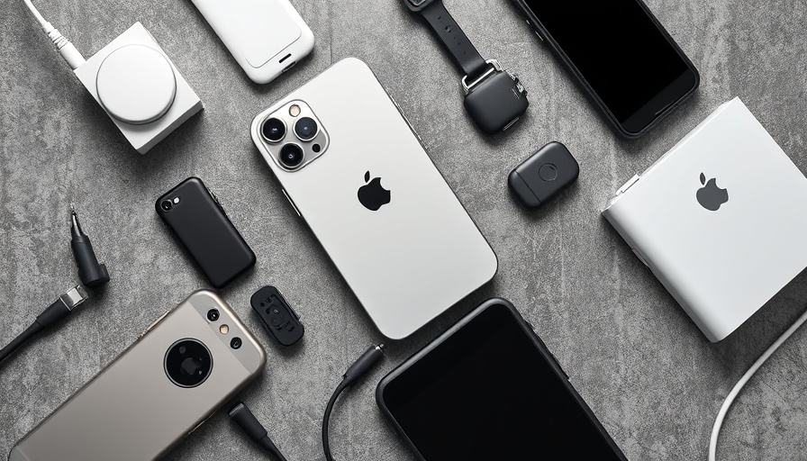 Diverse iPhone 17 accessories, close-up on gray surface.