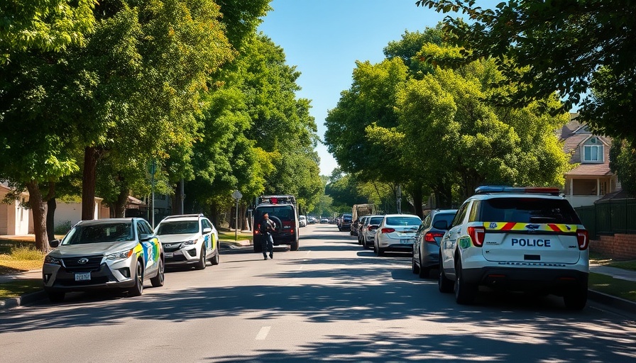 Police vehicles on a suburban road in Michigan, trees and clear sky.