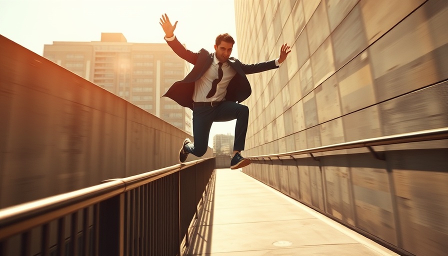 Man jumping over railing in urban setting, energetic and dynamic.