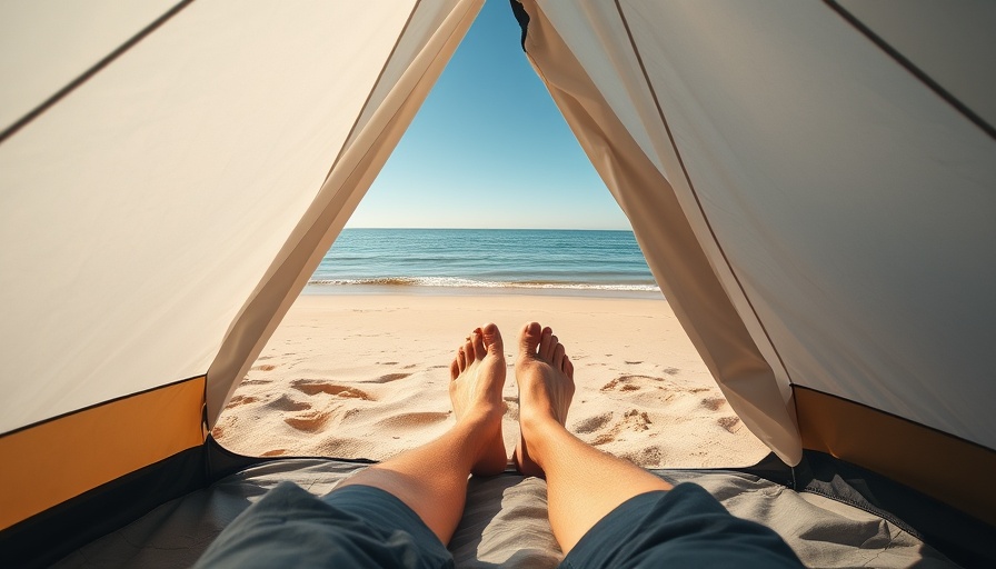 Ultralight backpacking tent setup at a tranquil beach.