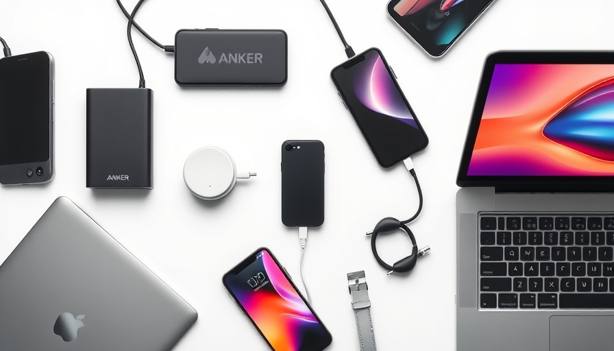 Modern tech gadgets display featuring Anker power banks, MagSafe phones, and MacBook Airs.
