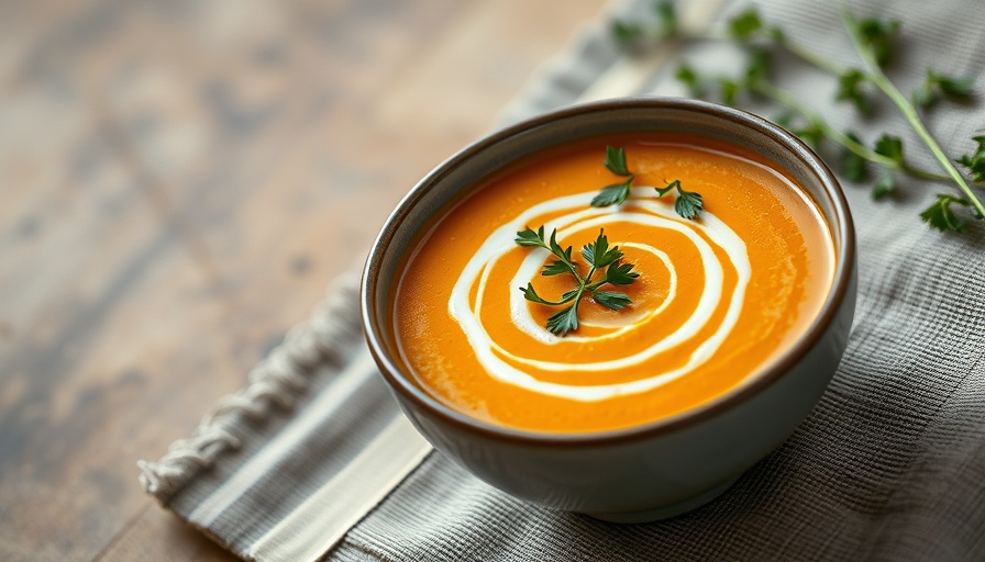 Elegant Miso Sweet Potato Soup bowls garnished with herbs.