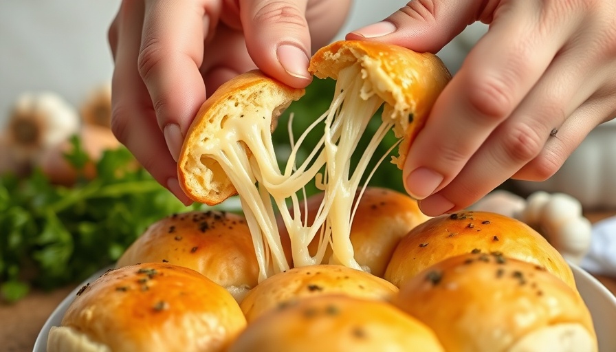 Hands pulling apart cheesy garlic butter rolls with stretchy cheese.