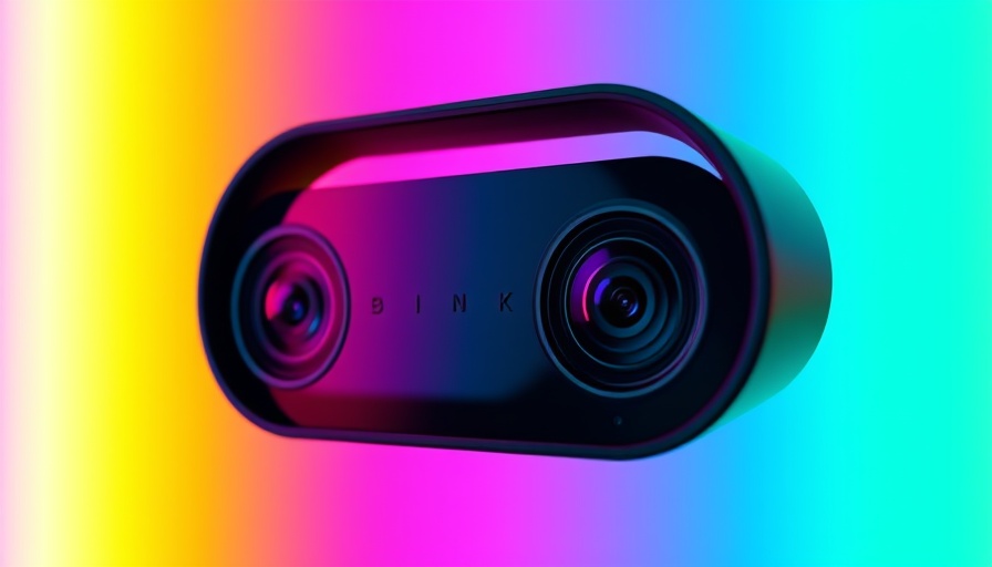 Sleek Blink Arc 180-Degree Security Camera on rainbow background.