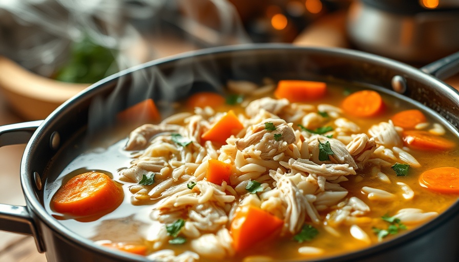 Steaming chicken and rice soup with carrots and herbs.