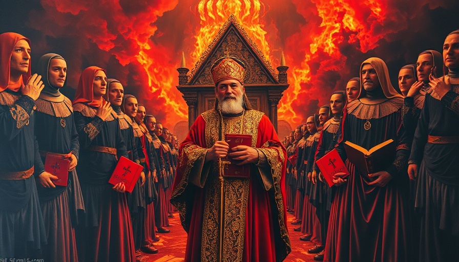 Surreal medieval collage with religious symbolism and fiery background.