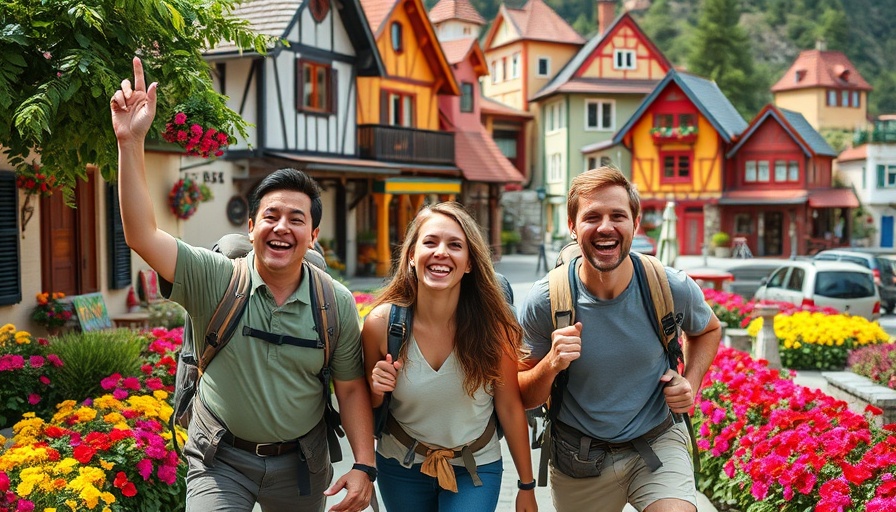Hikers arrive in whimsical village; Schmigadoon! Broadway musical scene.