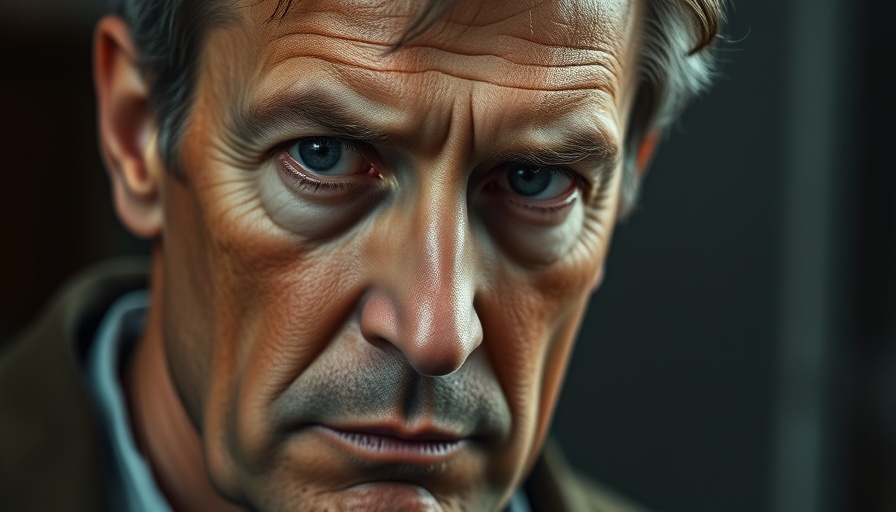 Older man's serious expression in front of portrait background