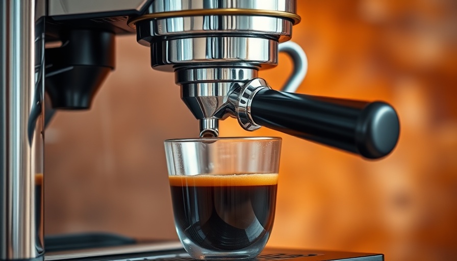 Sleek espresso machine brewing coffee against an orange background.
