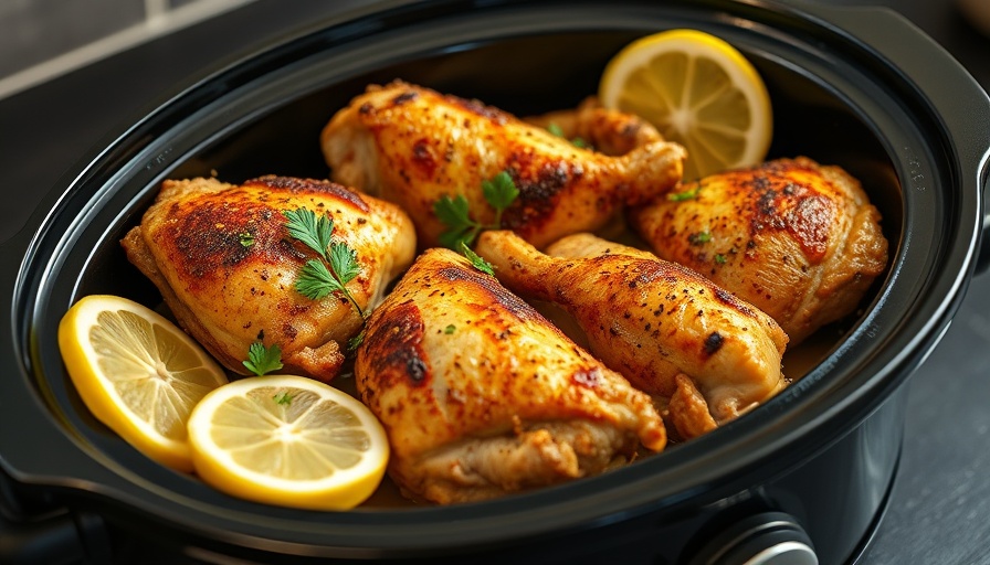 Crockpot Lemon Garlic Butter Chicken Thighs in slow cooker with lemon slices.