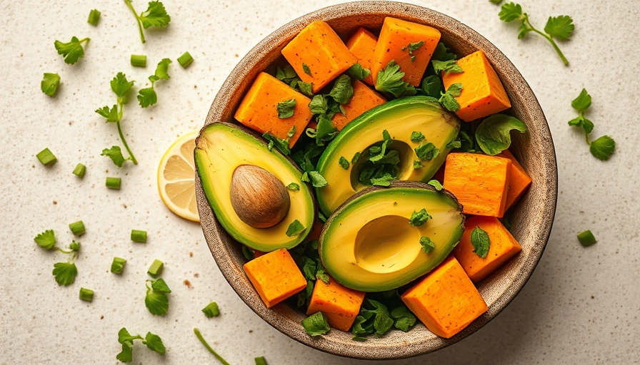 Rustic bowl with sweet potato recipe ingredients, top view.
